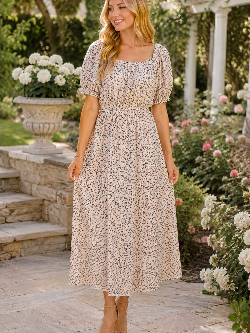 In February Cream Floral Puff Sleeve Midi Dress NWT | Size L